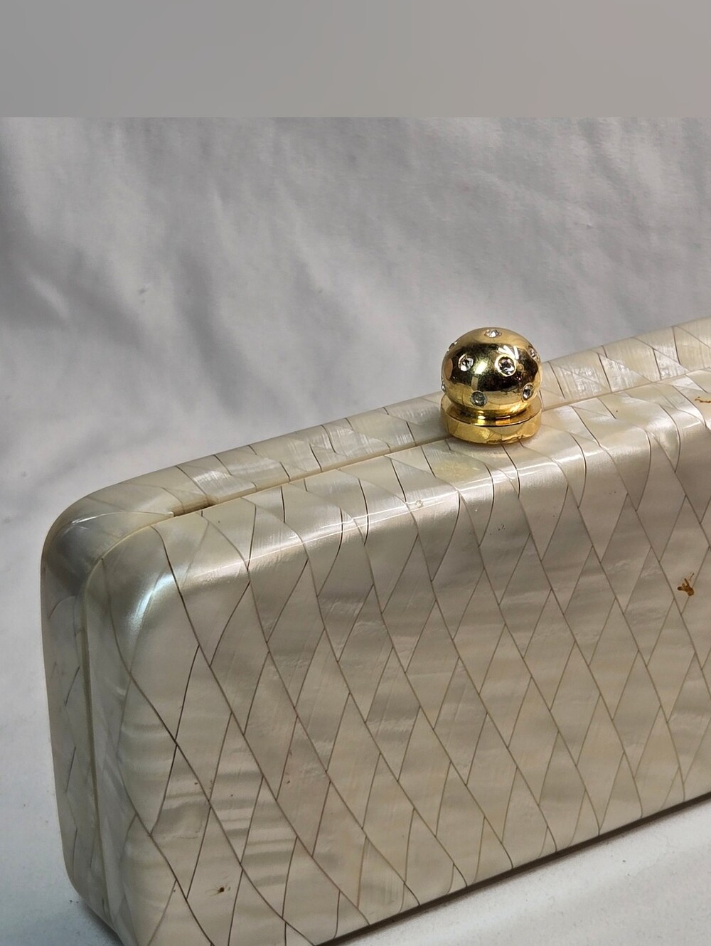 Vintage Etari Mother of Pearl Mosaic Minaudiere Box Clutch Beige Ivory Bag NOS